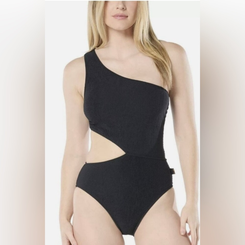 MICHAEL Michael Kors Womens Black Ribbed One-Shoulder Side-Cutout Swimsuit 8 NWT